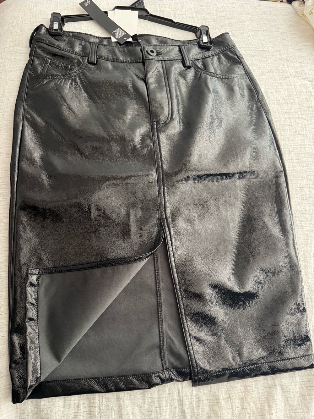 Divided Black Faux Leather Pencil Skirt with Front Slit